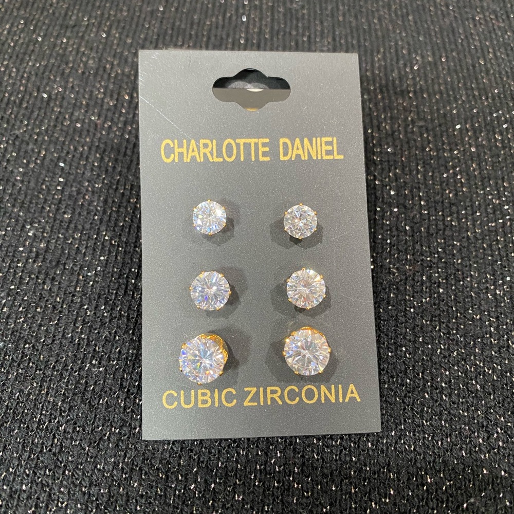 New With Tags Set of 3 Pair Cubic Zirconia Stud Earrings